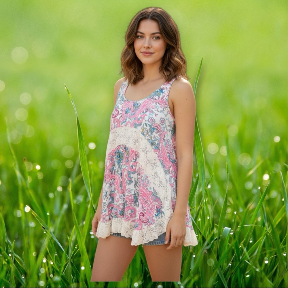 Entro Boho Chic Vintage Open Floral Lace Tank Top -Small